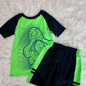 Green and Black Graphic T-Shirt and Shorts Set